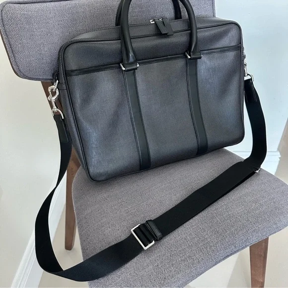 COACH Perry Black & Grey Men's Crossgrain Saffiano Leather Briefcase Laptop Bag - Picture 1 of 3